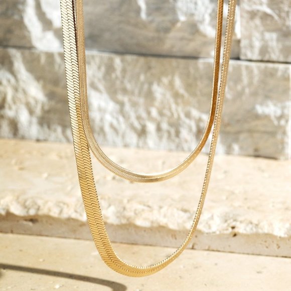 Layered Brass Herringbone Snake Chain Necklace - Picture 2 of 3